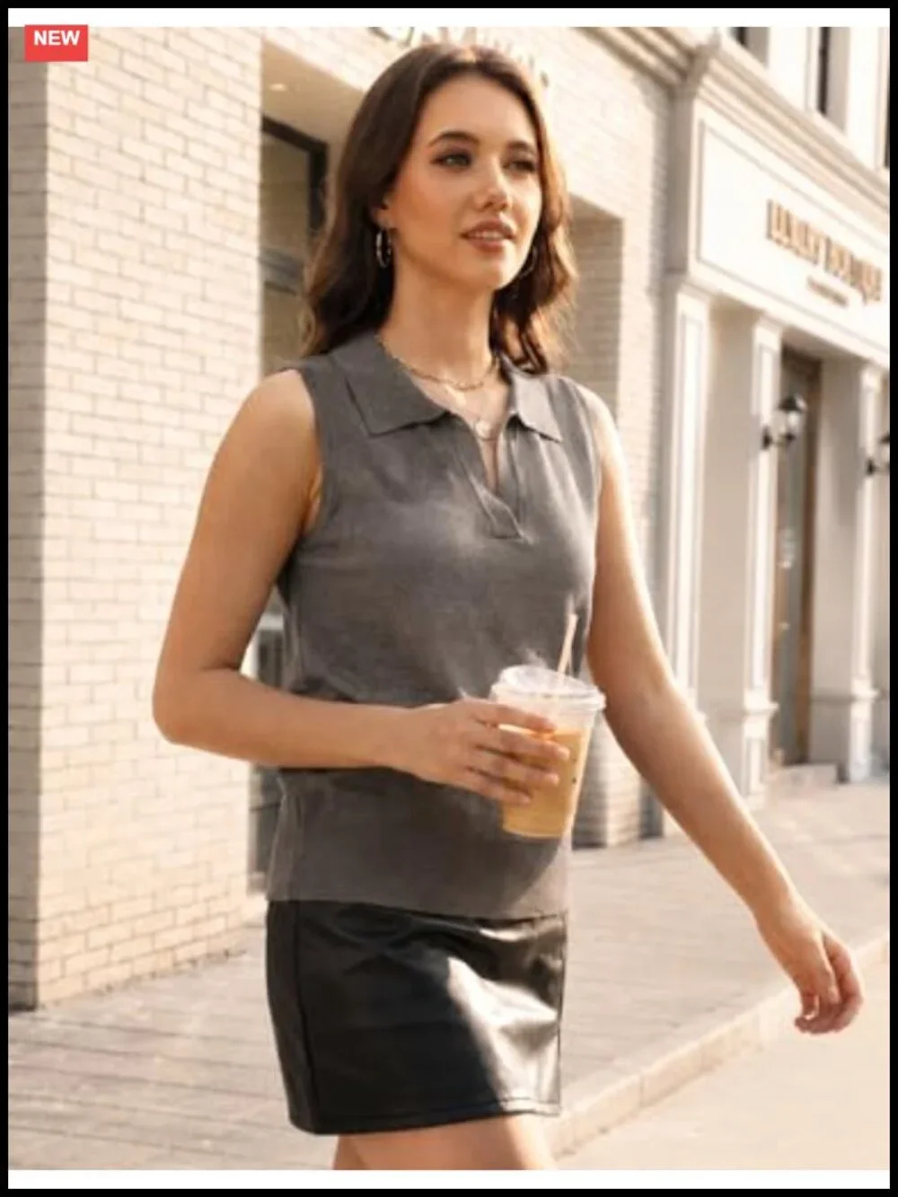 Sleeveless V-Neck Polo Sweater Lightweight Ribbed Knit Business Casual Top